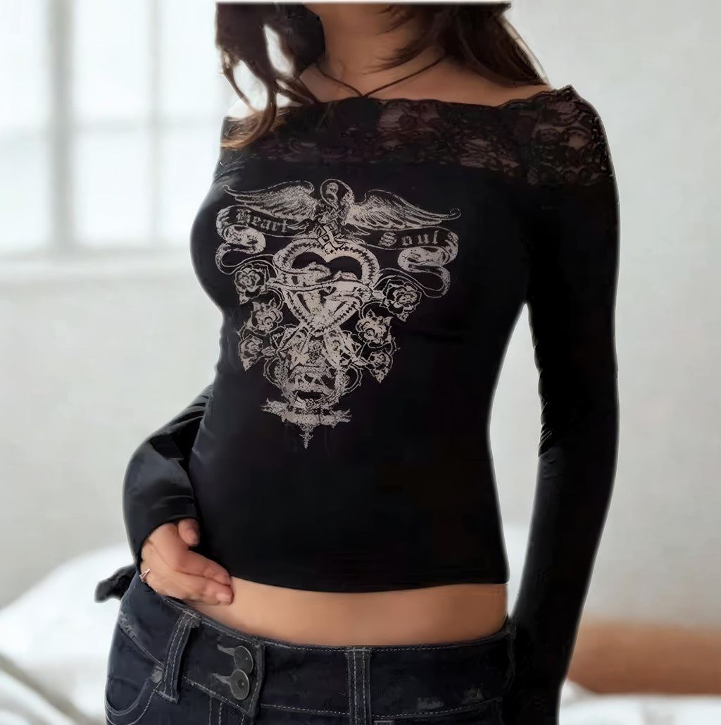 Gothic Y2K One Shoulder Crop Top: Graphic Print Lace Patchwork goth emo alt print