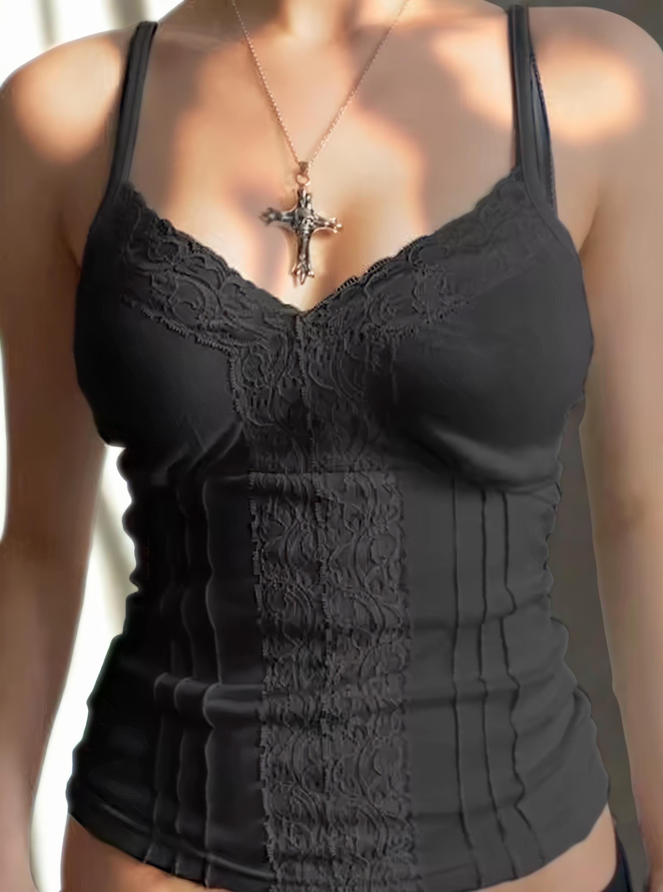 Y2K Lace V-Neck Crop Top: Retro Summer Camisole Mall goth alt emo