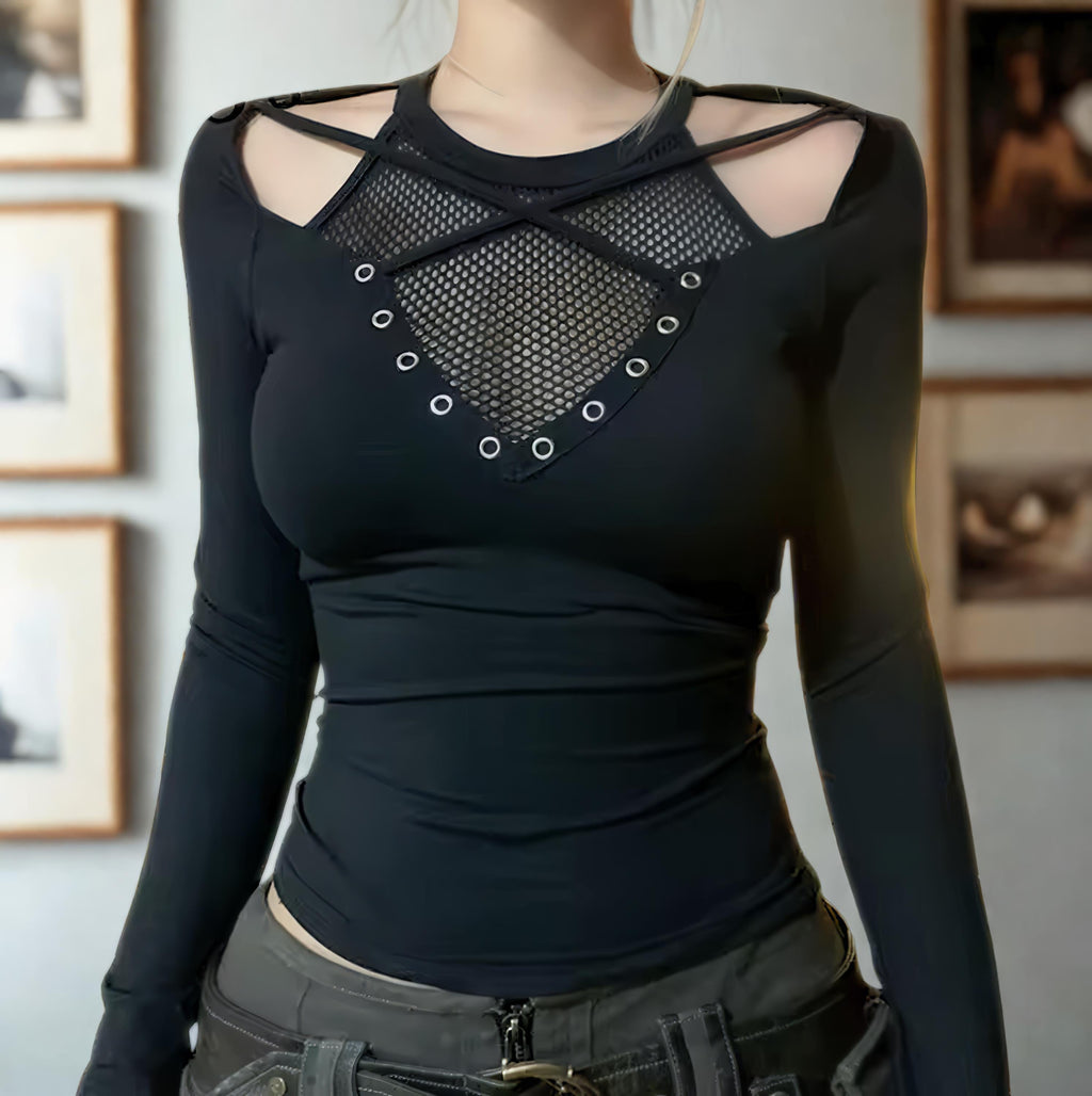 Gothic Hollow Out Top: Y2K Grunge See Through T-Shirt Goth Alt emo