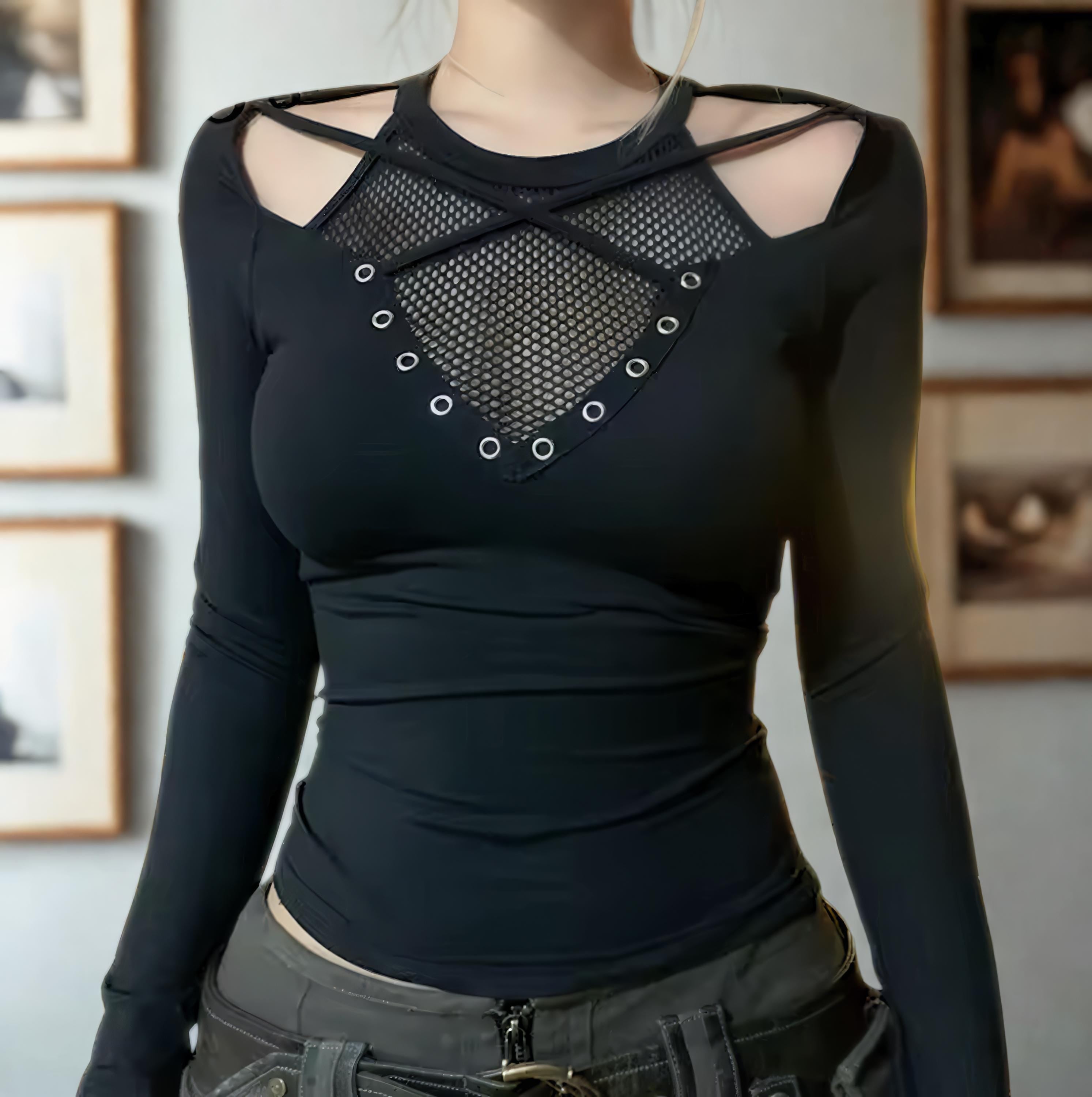 Gothic Hollow Out Top: Y2K Grunge See Through T-Shirt Goth Alt emo