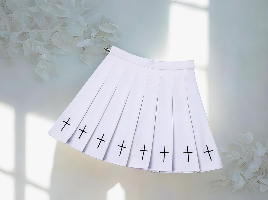 High Waist Black Pleated Mini Skirt Gothic Cross Print Harajuku Streetwear Lolita College Style