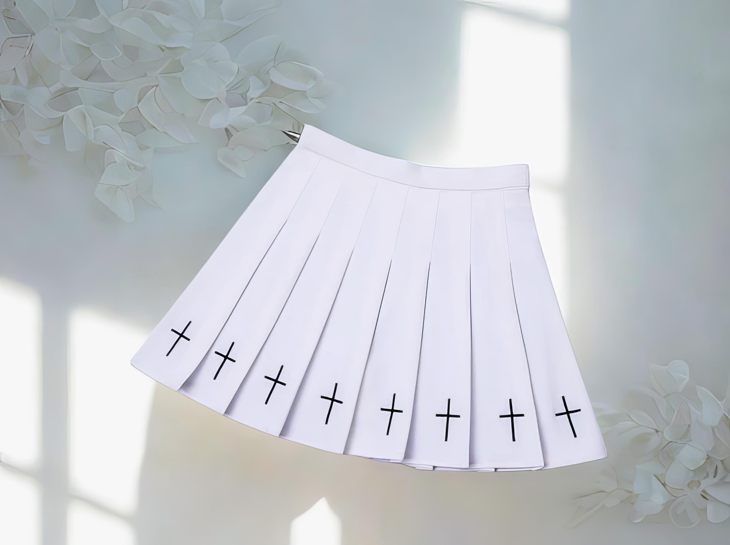 High Waist Black Pleated Mini Skirt Gothic Cross Print Harajuku Streetwear Lolita College Style