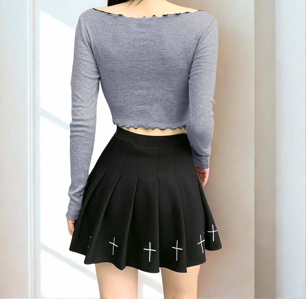 High Waist Black Pleated Mini Skirt Gothic Cross Print Harajuku Streetwear Lolita College Style