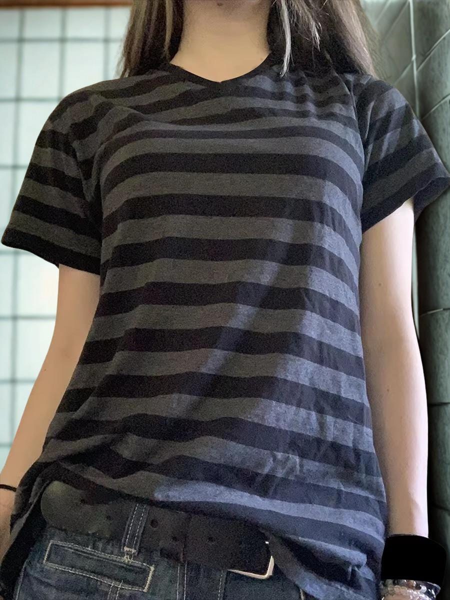 Y2K Fairy Grunge Striped T-Shirt: 90s Gothic Streetwear Mall goth alt emo