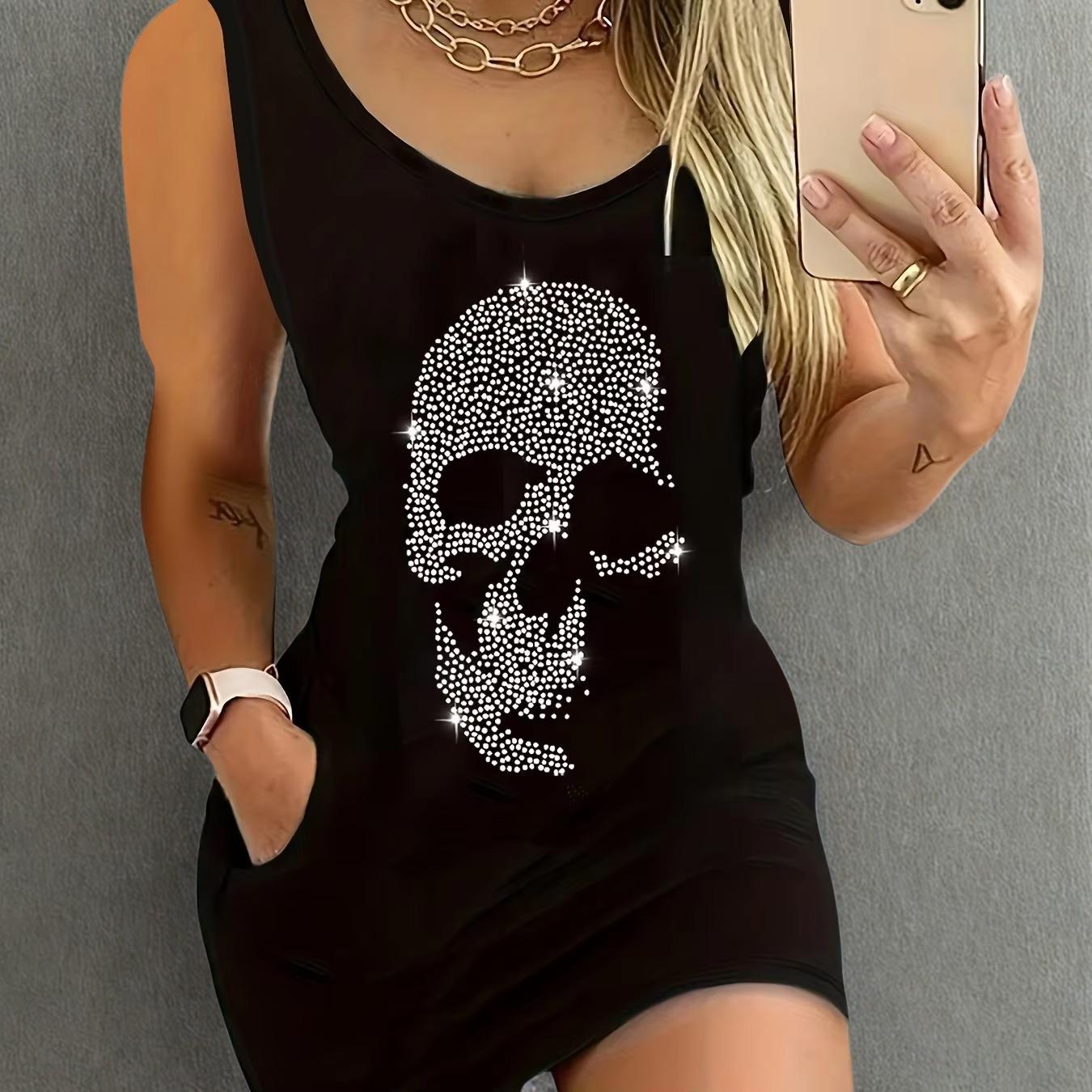 Black Print Mini Tank Dress: Women's Sleeveless Summer Dress Mall goth alt emo