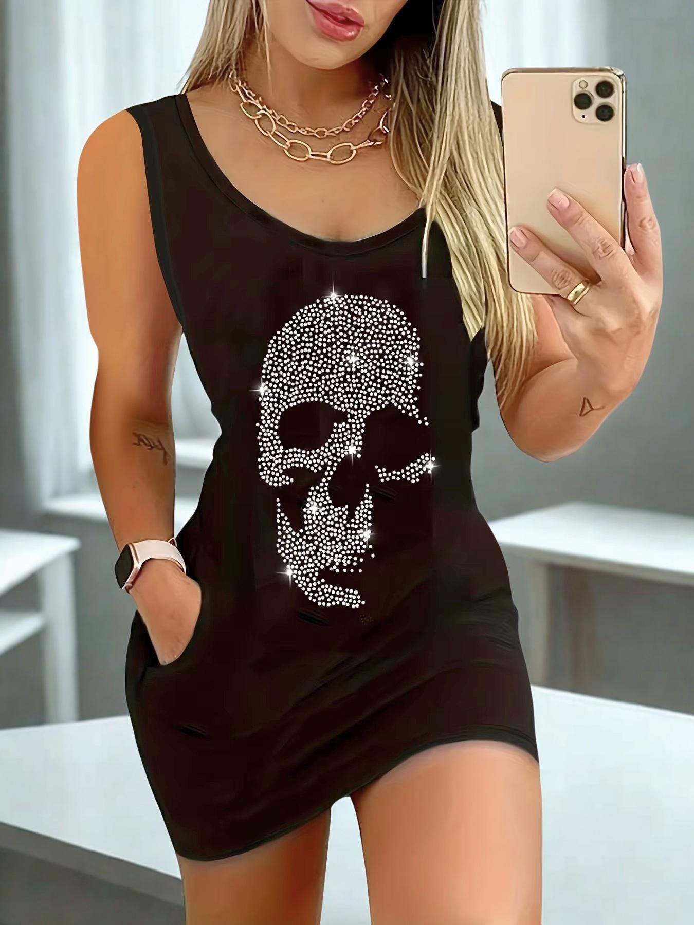 Black Print Mini Tank Dress: Women's Sleeveless Summer Dress Mall goth alt emo