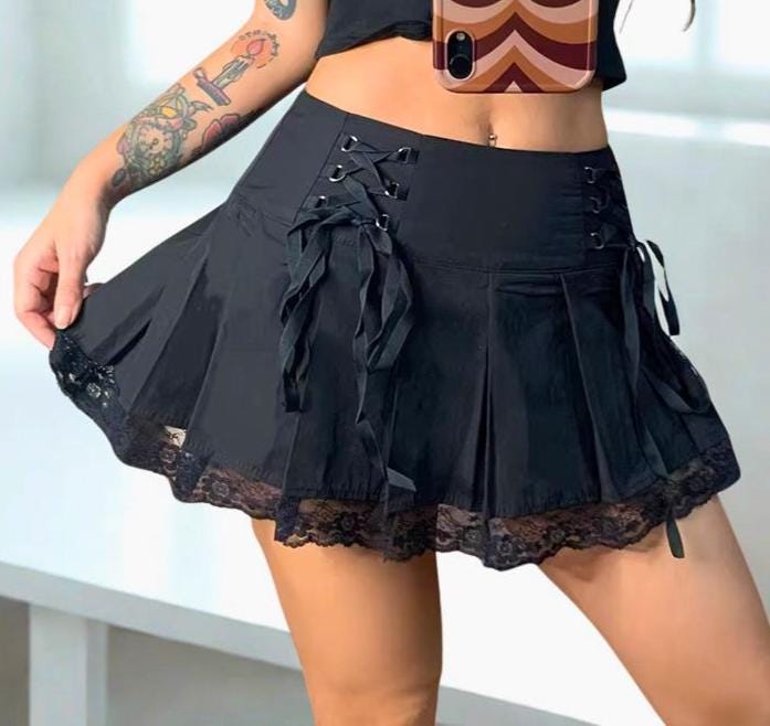 Y2K Gothic Plaid Mini Skirt: High Waist Lace-Up Pleated Skirt Mall goth alt emo