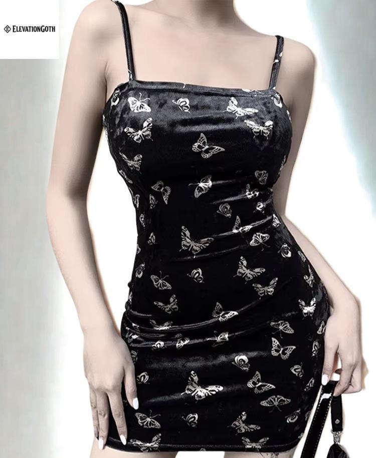 Gothic Harajuku Black Dress: Backless Print Punk Sundress goth emo alt butterfly