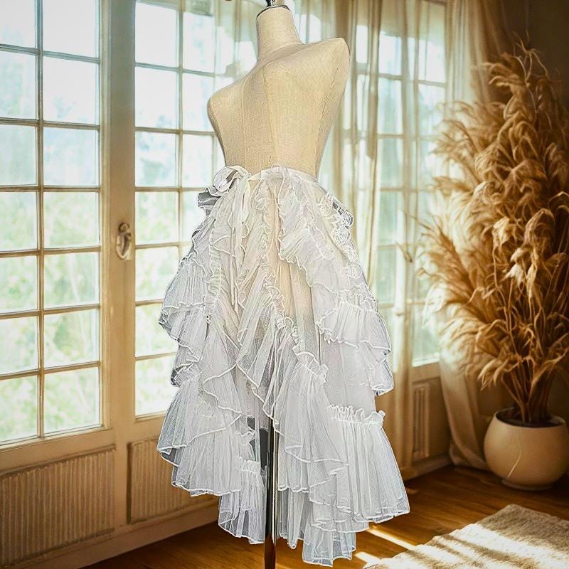 Gothic Lolita Lace Mesh Ruffle Skirt – Women’s Asymmetrical Long Fairy Princess Sheer