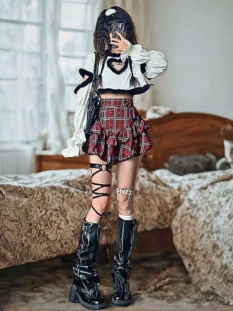 Red Plaid High Waist Skirt: AltGoth Y2K E-girl Clubwear Gothic Goth Emo Alt Edgy