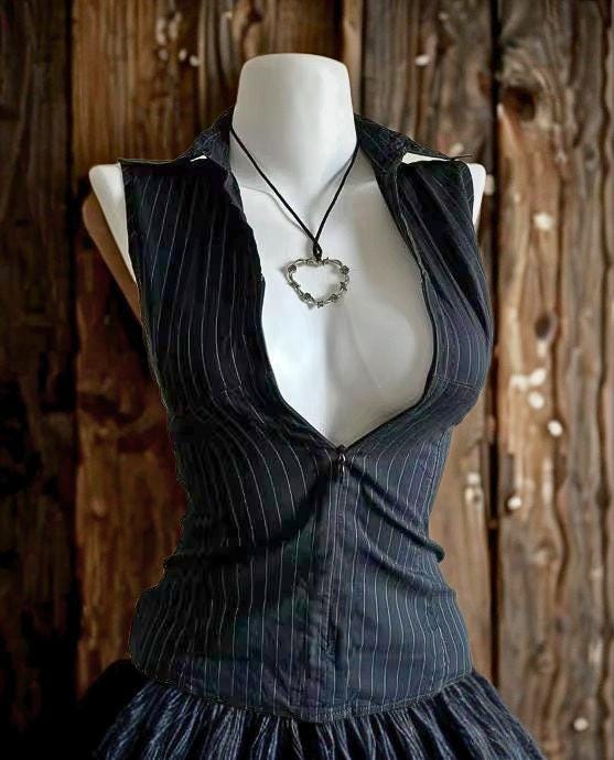 Y2K Striped Gothic Camisole, Slim Fit Harajuku Top Goth Emo Alt Edgy Punk Rock