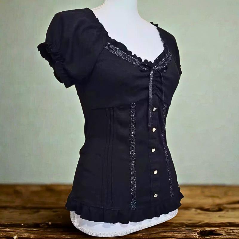 Vintage Black Bow Blouse: Y2K Square Neck Short Sleeve Top Gothic Emo Alternative Edgy