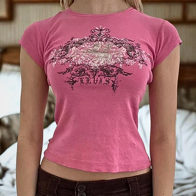 Y2K Rhinestone Baby Tee, Cyber Grunge Crop Top Gothic Edgy Alt Emo