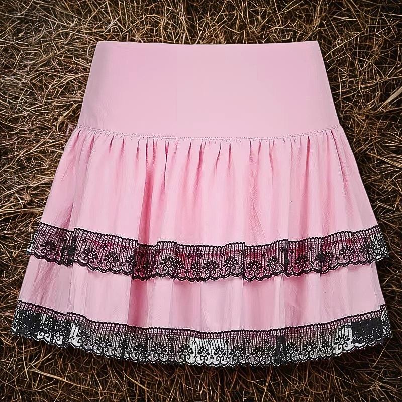 Gothic Lace Ruffle Mini Skirt | Harajuku Pink Plaid Pleated Skirt | Mall Goth Fairy Grunge Japanese Lolita Streetwear Women
