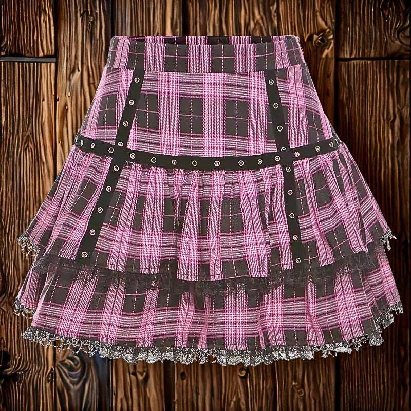 Gothic Lace Ruffle Mini Skirt | Harajuku Pink Plaid Pleated Skirt | Mall Goth Fairy Grunge Japanese Lolita Streetwear Women