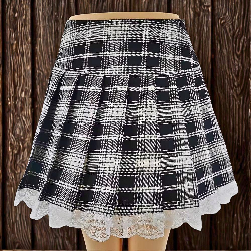 Gothic Lace Ruffle Mini Skirt | Harajuku Pink Plaid Pleated Skirt | Mall Goth Fairy Grunge Japanese Lolita Streetwear Women