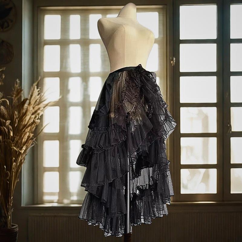 Gothic Lolita Lace Mesh Ruffle Skirt – Women’s Asymmetrical Long Fairy Princess Sheer