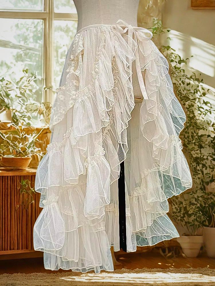 Gothic Lolita Lace Mesh Ruffle Skirt – Women’s Asymmetrical Long Fairy Princess Sheer