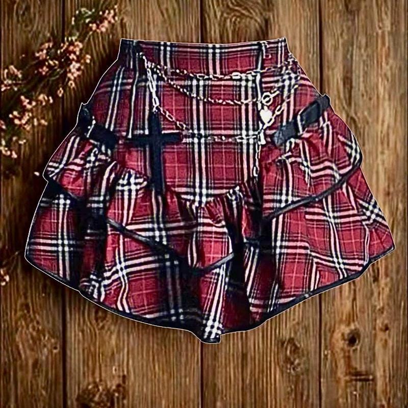 Red Plaid High Waist Skirt: AltGoth Y2K E-girl Clubwear Gothic Goth Emo Alt Edgy
