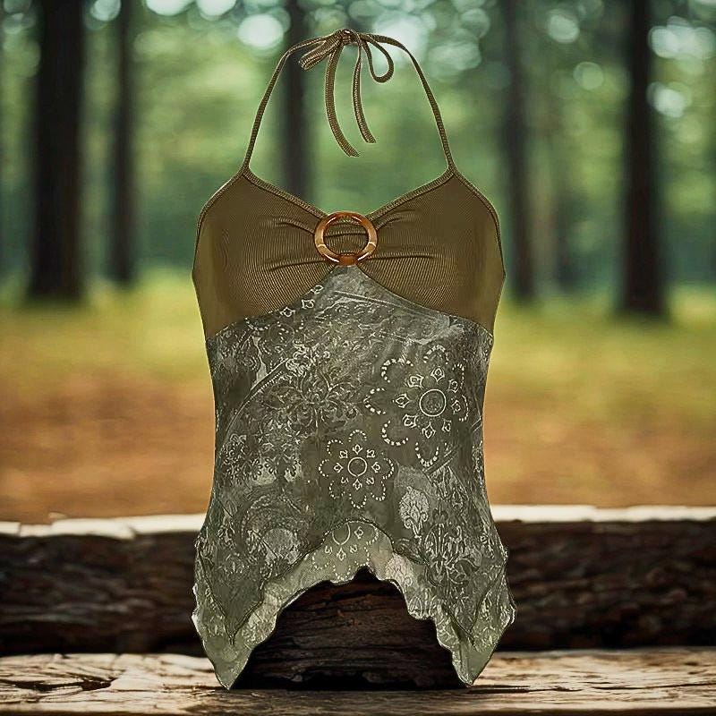Retro Forest Green Vintage Print Boho Y2K Camisole, Backless Halter Tie, Asymmetrical Summer Tops