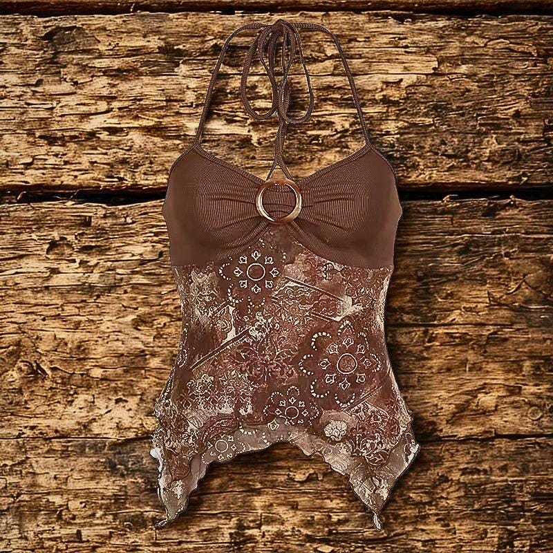 Retro Forest Green Vintage Print Boho Y2K Camisole, Backless Halter Tie, Asymmetrical Summer Tops