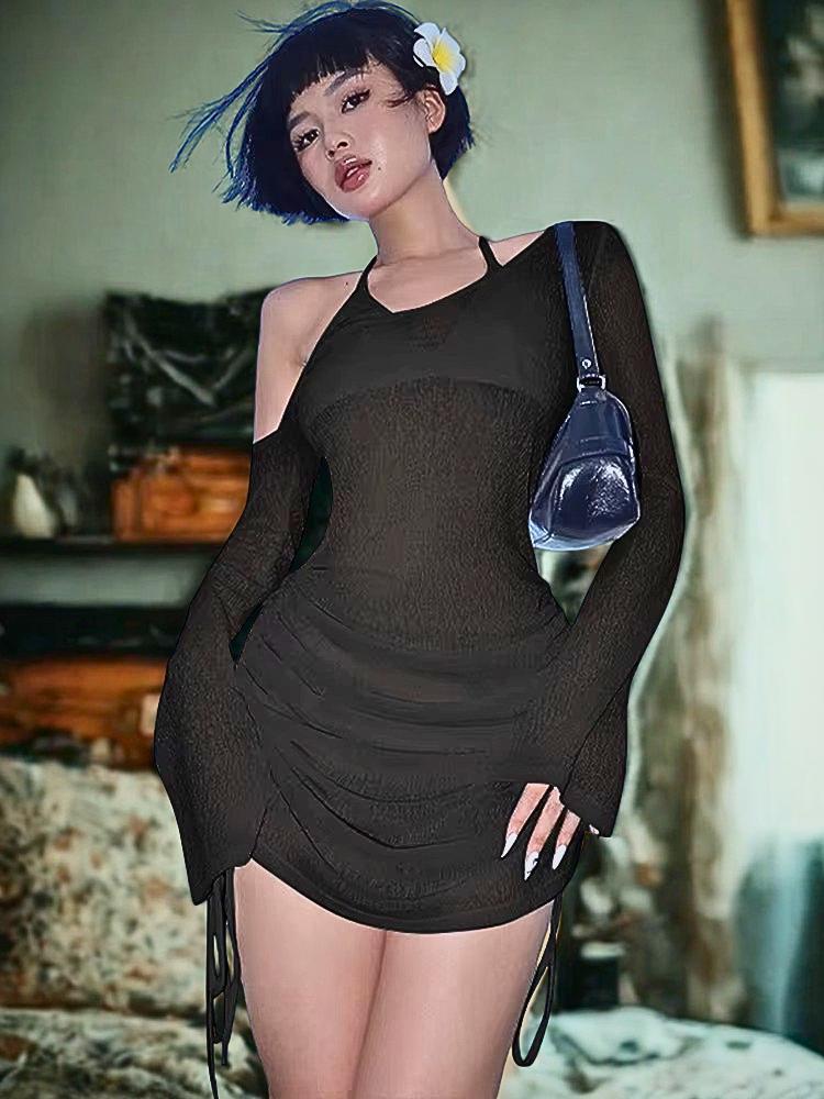 Solid Skew Collar Lace-Up Mini Dress – Women’s Summer Ruched Straps See Through Drawstring