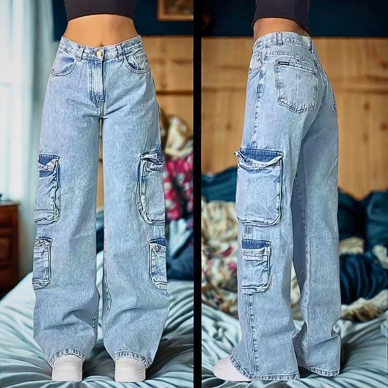 Streetwear Multi-Pocket Baggy Jeans, Y2K Hip Hop Harajuku Gothic High Waist Wide Leg