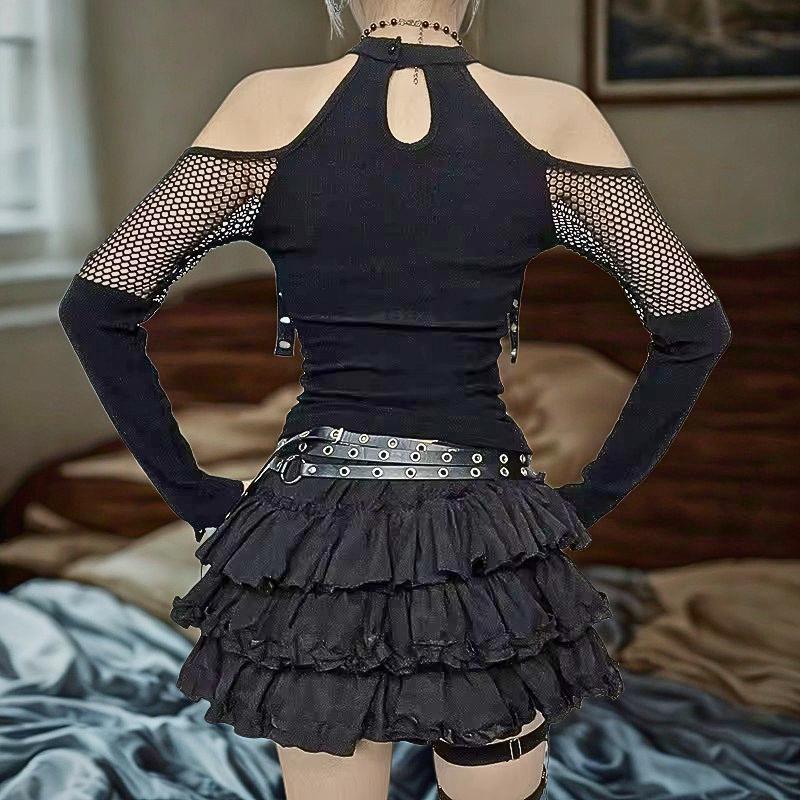 Goth Fishnet Patchwork Top: Y2K Grunge Halter, Off Shoulder Gothic Alternative Emo