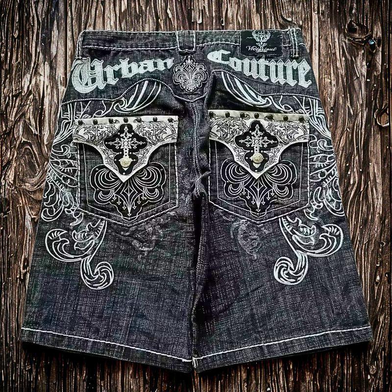 Y2K Embroidered Denim Shorts: Gothic Punk Hip Hop Streetwear Gothic Emo Alternative Edgy