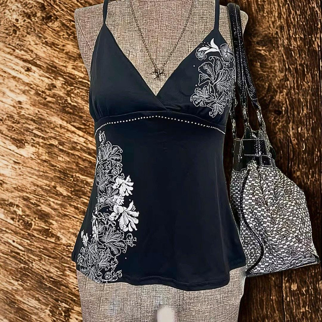 Y2K Vintage Black Suspender Top, Harajuku Flower Print Rivet Camis Gothic Summer Streetwear