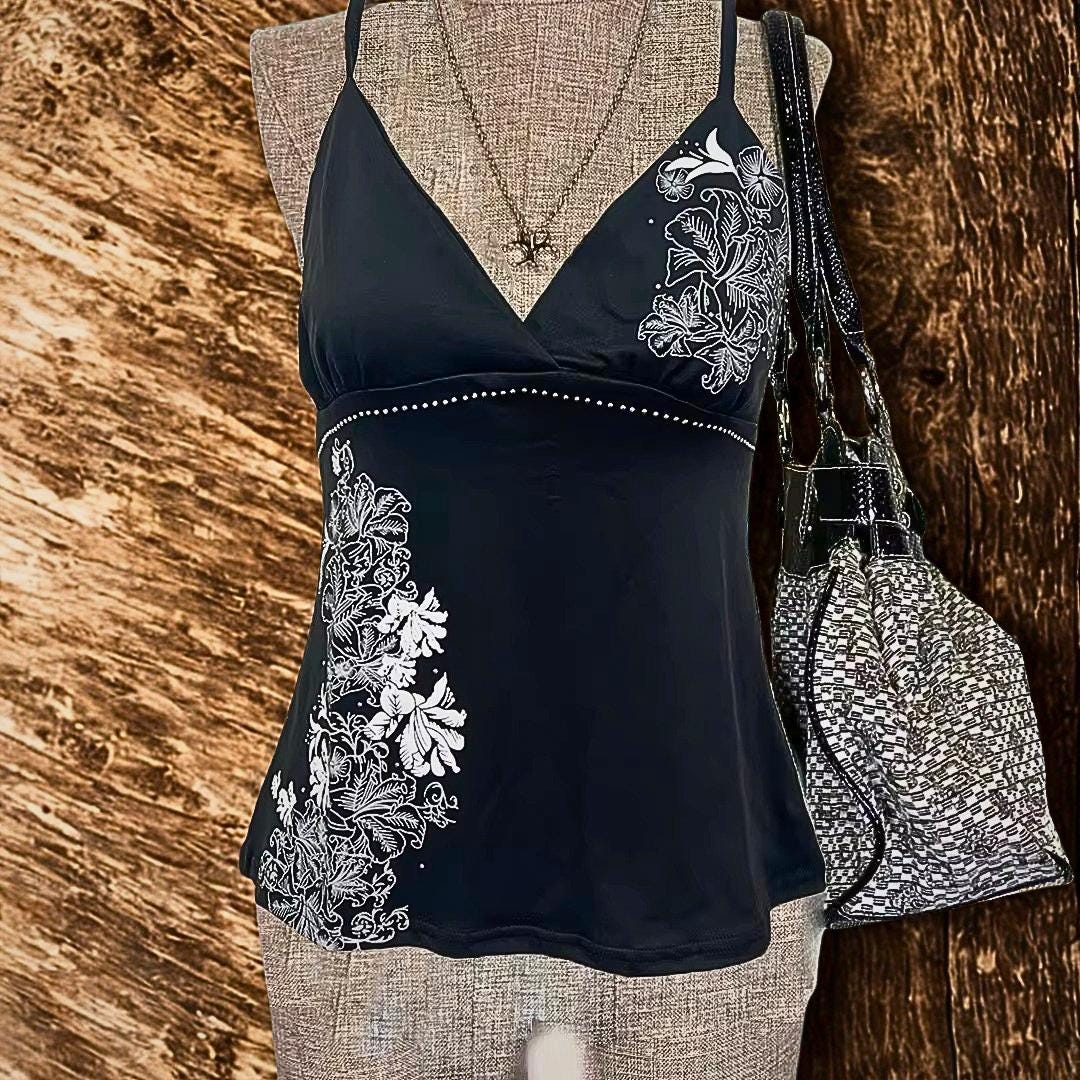 Y2K Vintage Black Suspender Top, Harajuku Flower Print Rivet Camis Gothic Summer Streetwear