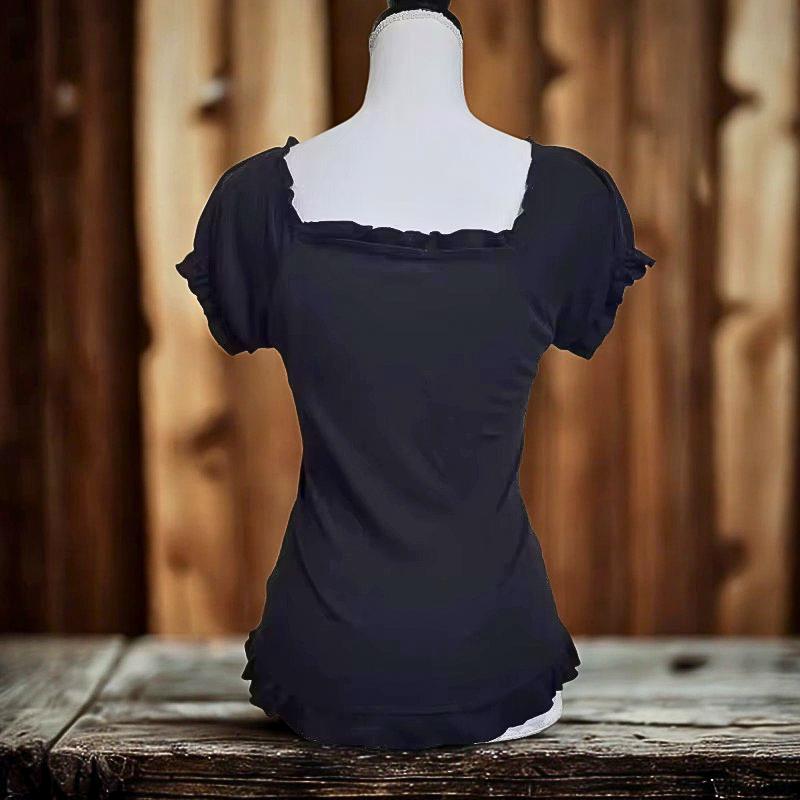 Vintage Black Bow Blouse: Y2K Square Neck Short Sleeve Top Gothic Emo Alternative Edgy