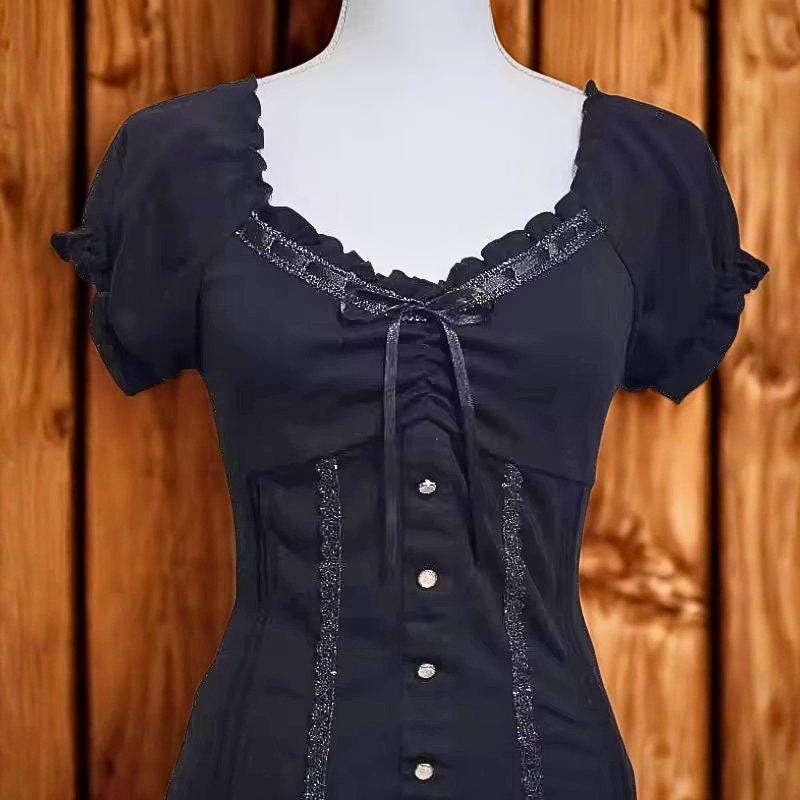 Vintage Black Bow Blouse: Y2K Square Neck Short Sleeve Top Gothic Emo Alternative Edgy