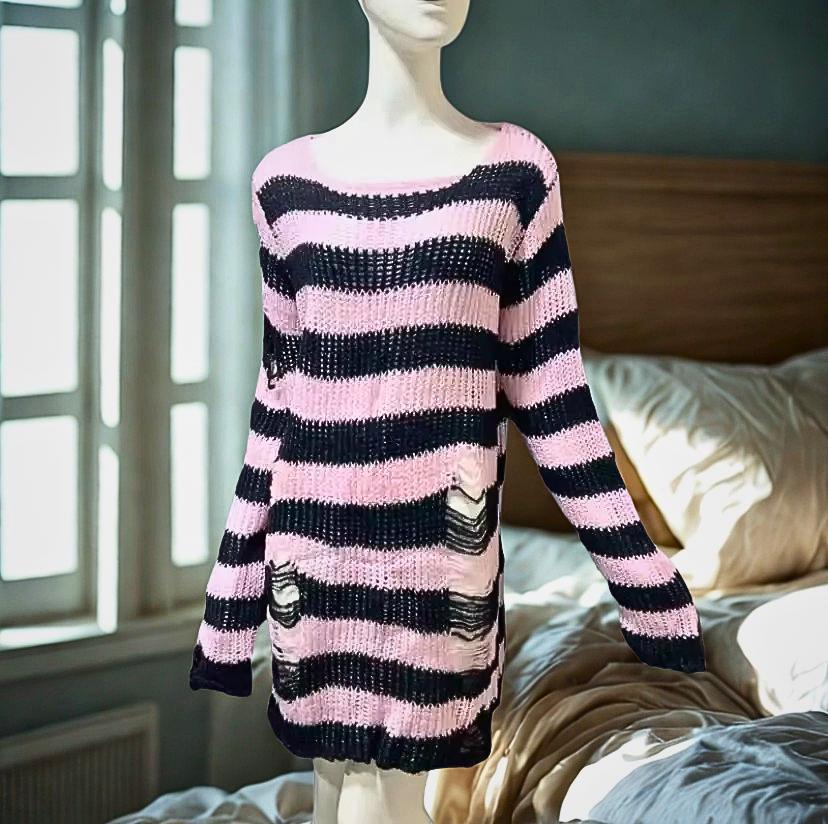 Punk Striped Knit Sweater | Y2K Hollow Out Grunge Pullover Emo Cyber Goth Top Gothic