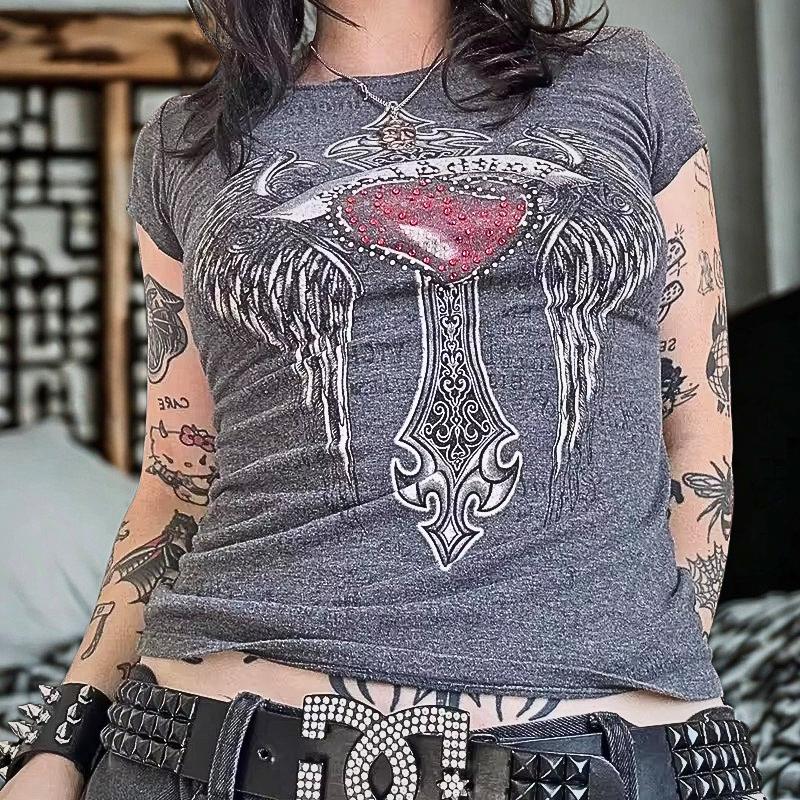 Retro Y2K Cyber Grunge Emo Baby Tee | Rhinestone Graphic Print Crop Top | Japanese Harajuku Gothic Streetwear Women T-Shirt