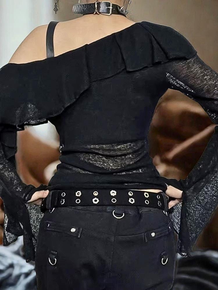 Gothic Graphic Tee Women | Y2K Punk Grunge Off-Shoulder | See-Through Flared