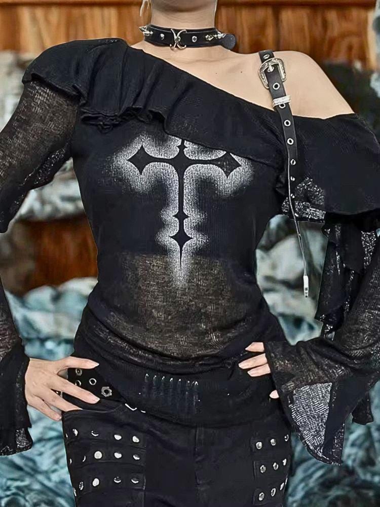 Gothic Graphic Tee Women | Y2K Punk Grunge Off-Shoulder | See-Through Flared
