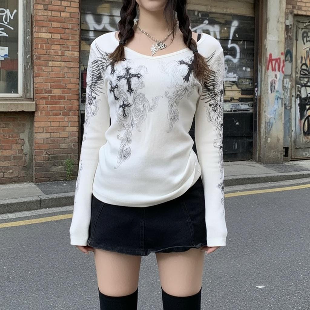 Y2K Gothic Cross Print Bell Sleeve Top: Alt Streetwear Blouse goth emo edgy alt