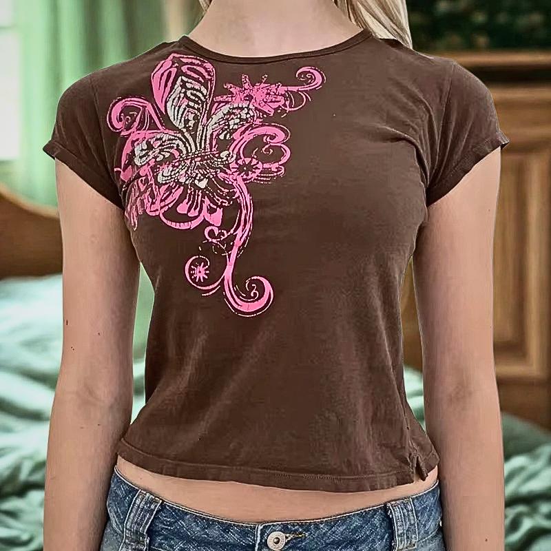 2000s Retro Y2K Grunge Baby Tee, Rhinestone Graphic Crop Top, Harajuku Mall Goth