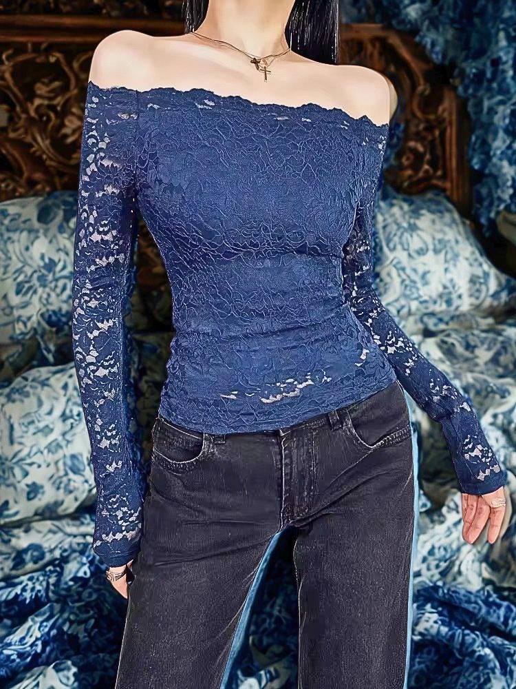 Sexy Lace Off-Shoulder Top Women Stretch Long Sleeve Slim Hollow Mesh Blouse Full Lined Elegant Y2K Basic T-shirt Lady Fashion Tee, Top