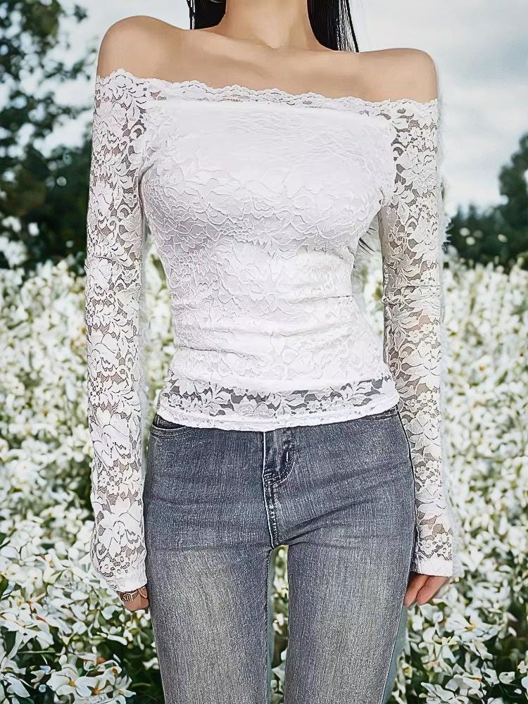 Sexy Lace Off-Shoulder Top Women Stretch Long Sleeve Slim Hollow Mesh Blouse Full Lined Elegant Y2K Basic T-shirt Lady Fashion Tee, Top