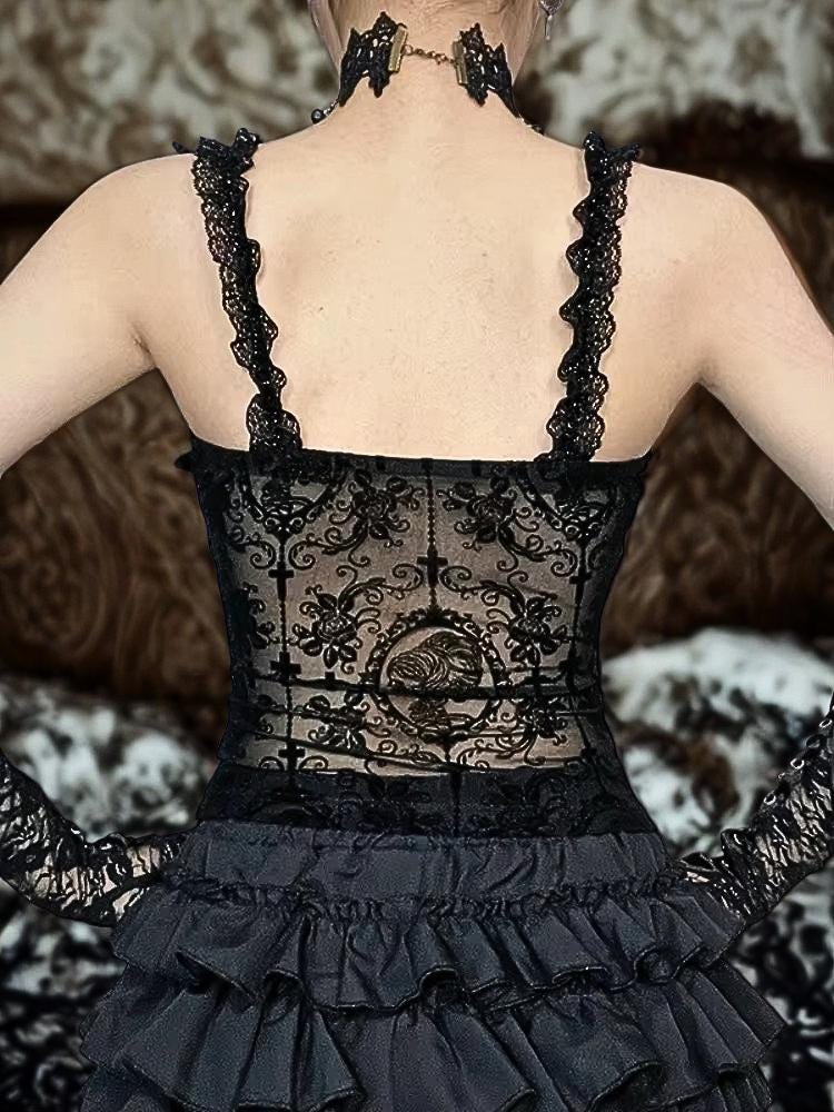 Y2K Gothic Lace Camisole, Flocking Corset Crop Top | E-girl Streetwear | Sexy Bow Patchwork Tank