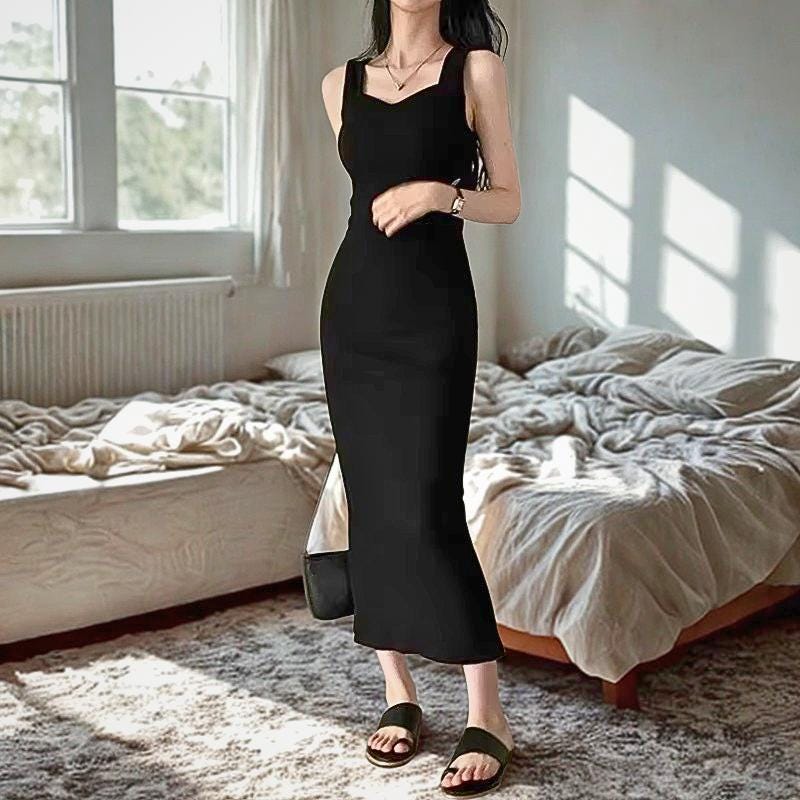 Knit Long Dress: Korean Y2K Square Neck Sleeveless Summer Dress Gothic Emo Alt Victorian