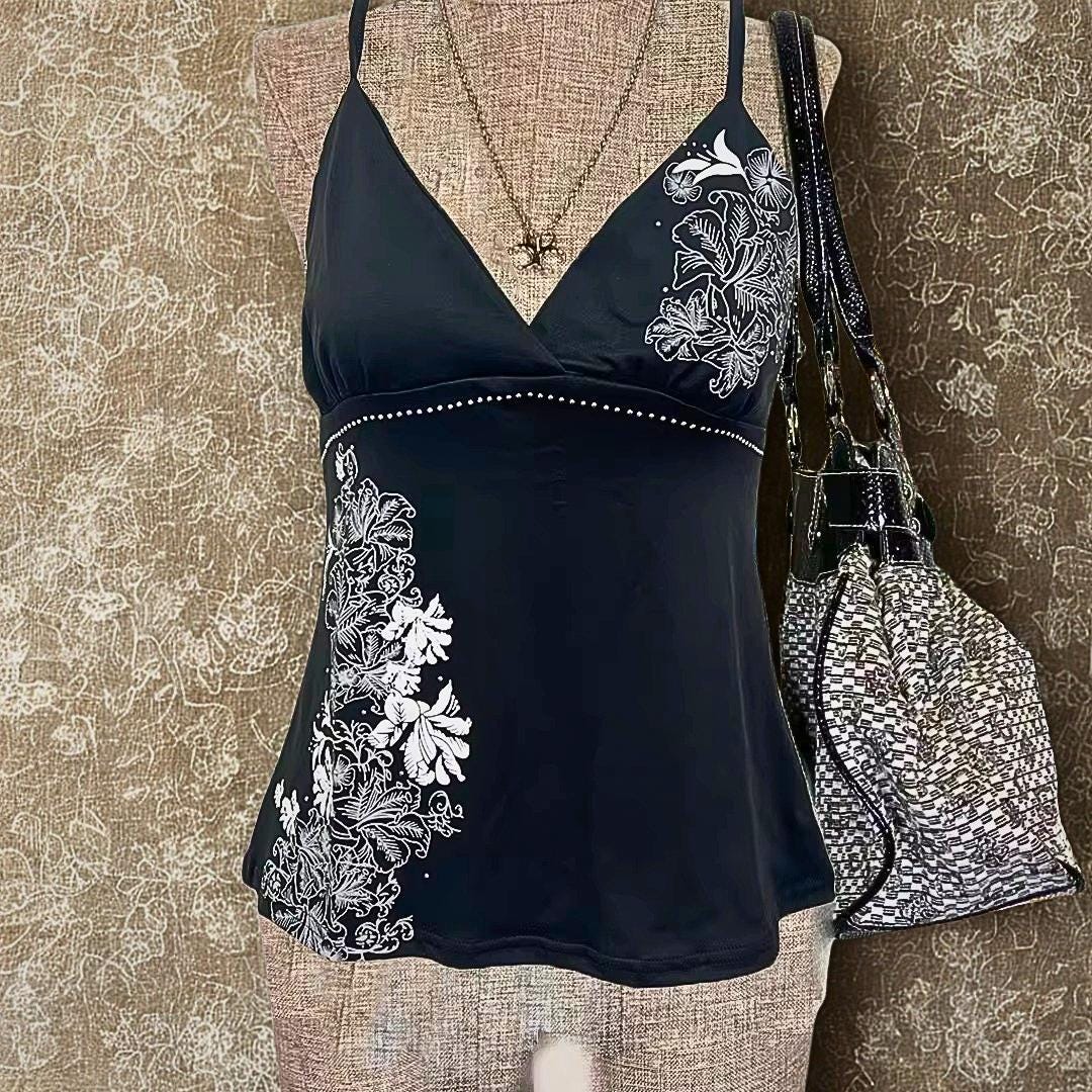 Y2K Vintage Black Suspender Top, Harajuku Flower Print Rivet Camis Gothic Summer Streetwear