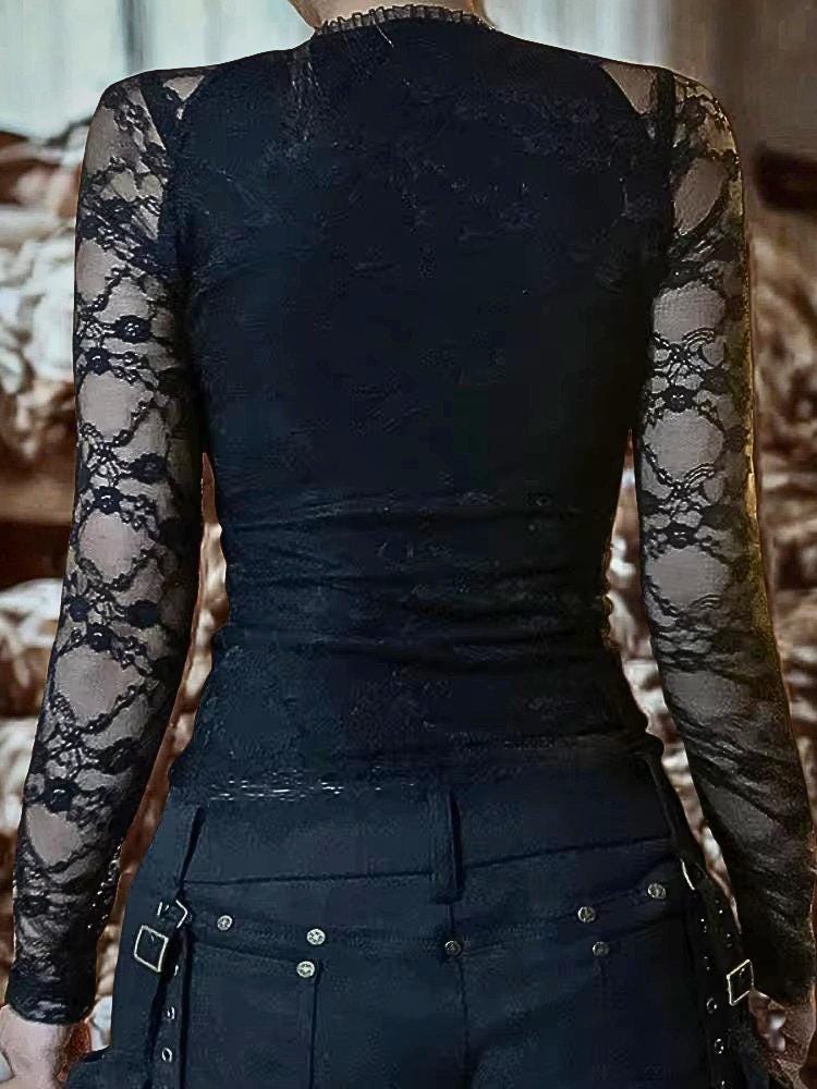 Goth Lace Crop Top, Y2K Rave Long Sleeve Shirt Gothic Emo Alt