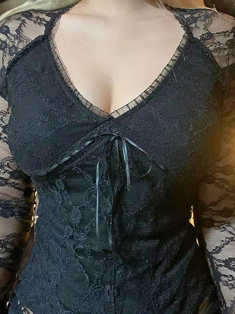 Goth Lace Crop Top, Y2K Rave Long Sleeve Shirt Gothic Emo Alt