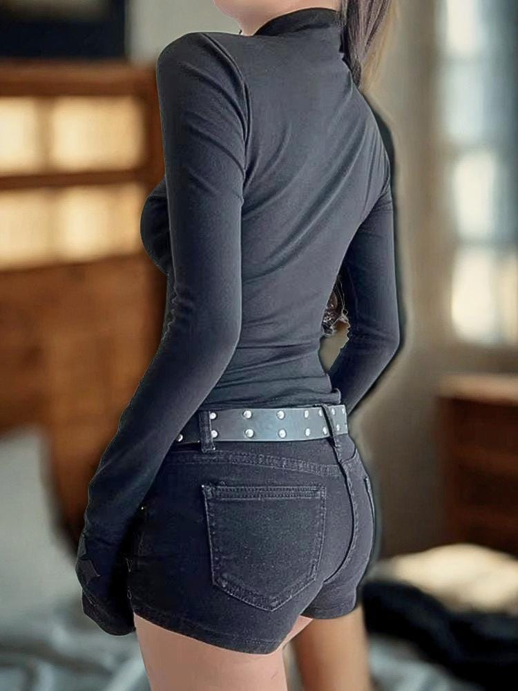 Turtleneck Top Y2K Black Gothic Cross Hollow Long Sleeve Sexy Tee Girls Harajuku Streetwear