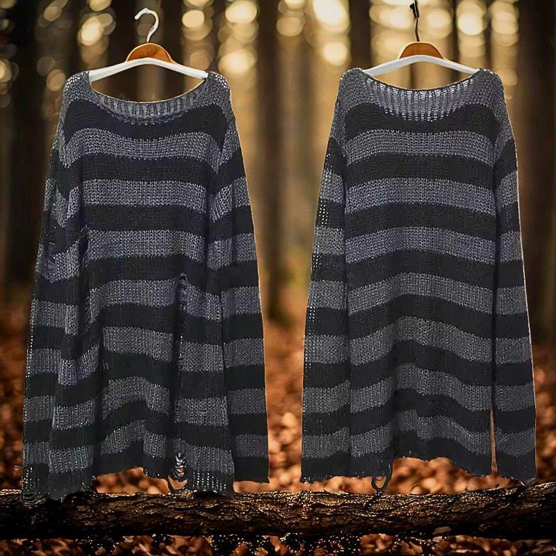 Punk Striped Knit Sweater | Y2K Hollow Out Grunge Pullover Emo Cyber Goth Top Gothic