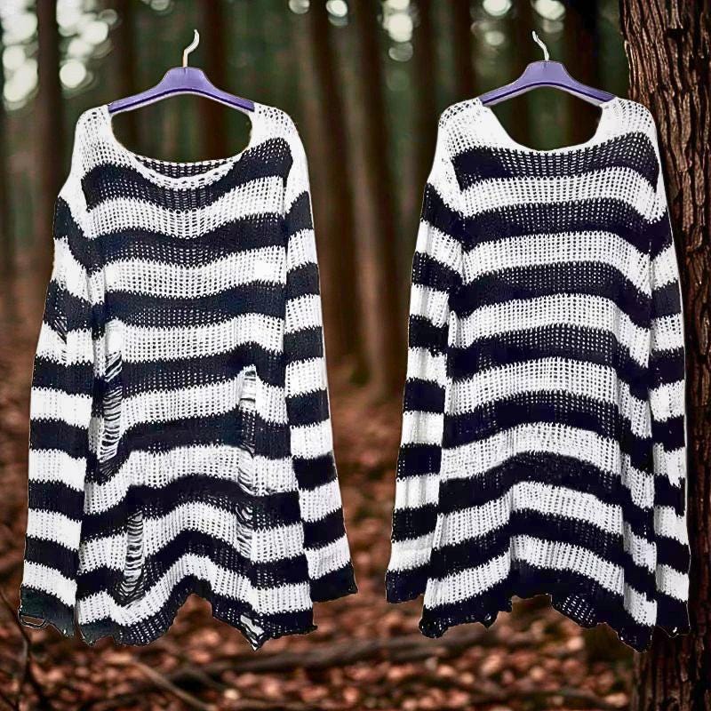Punk Striped Knit Sweater | Y2K Hollow Out Grunge Pullover Emo Cyber Goth Top Gothic