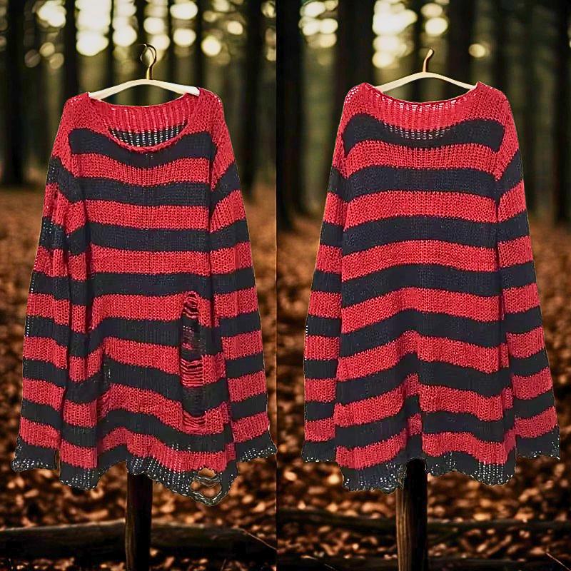 Punk Striped Knit Sweater | Y2K Hollow Out Grunge Pullover Emo Cyber Goth Top Gothic